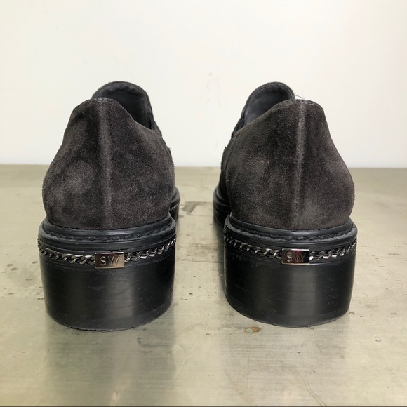 Stuart Weitzman Suede Loafer Harness Chain Detail in Dark Charcoal Gray - Picture 4 of 8